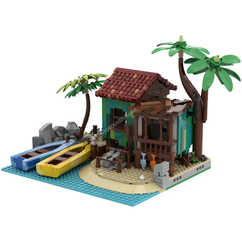 Moc pirata o acampamento de pesca arquitetura modular castelo blocos de construção diy criativo crianças montagem tijolos educativos brinquedos presentes