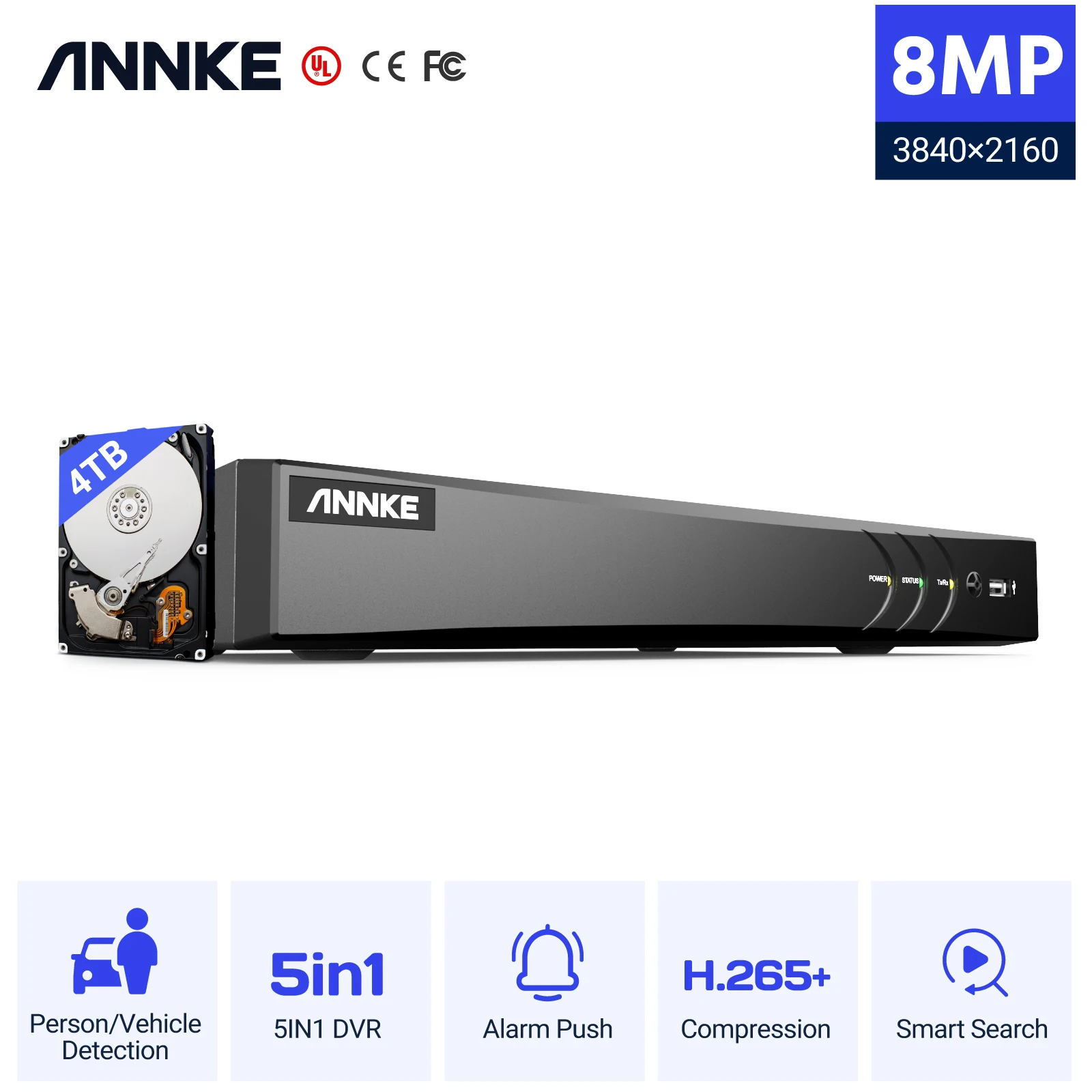 

ANNKE 8CH H.265+ 4K DVR Ultra HD 5-in-1 8MP Surveillance DVR Output Video Recorder Remote Access Motion Detection Email Alert