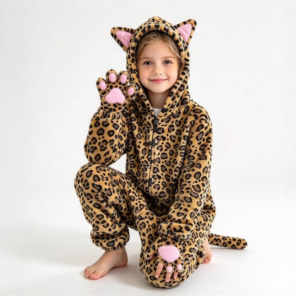 One Piece Animal Cartoon Hooded Jumpsuits Kids Halloween Costume Cat Leopard Mouse Cosplay Pajamas With Glovers Christmas Gifts