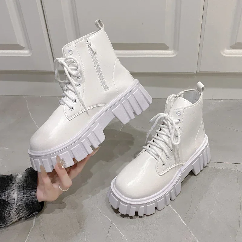 2024 White New Women Ankle Boots Autumn Winter Platform Zipper Women Punk Boots Thick Sole Lace Up Combat Booties Female Mujer