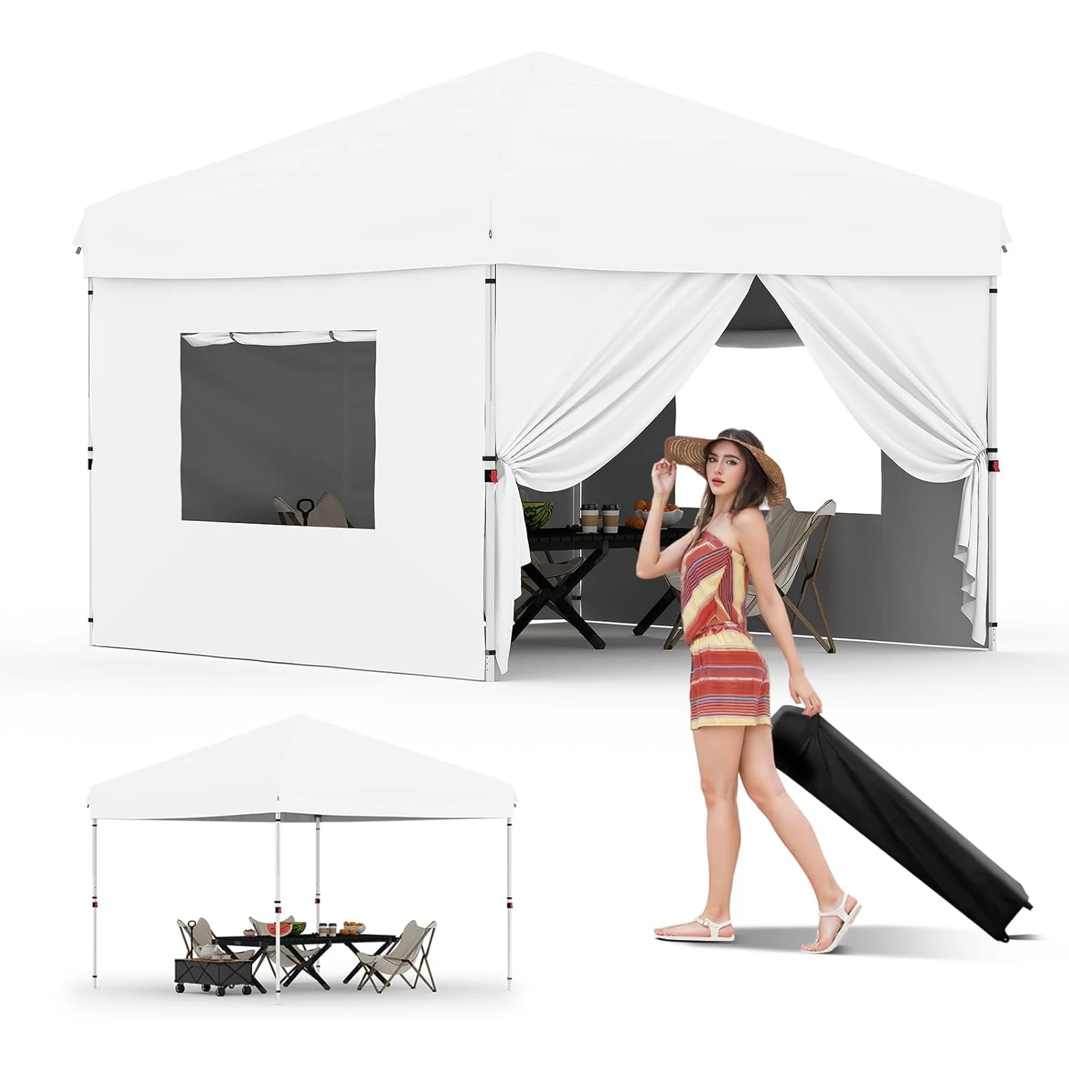 10x10 Ft Pop Up Canopy Tent Easy One Person Set-up, Instant Portable Shelter with 4Pcs Sidewalls 4 Sandbags for Patio, Outdoor Activities