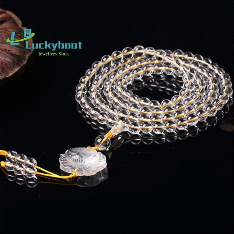 

6А Натуральные 8 мм прозрачные белые хрустальные бусины 108 четков Мала Multi-circle 108 Браслеты для мужчин или женщин Длинное ожерелье из йоги лотоса