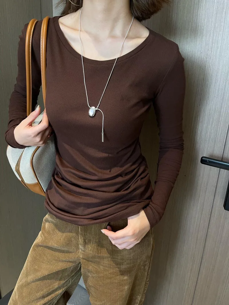 Pure Cotton Knit Long Undershirt For Women High Quality O-Neck Applique Long Sleeve Slim Fit Pullover Lady 2024 Autumn