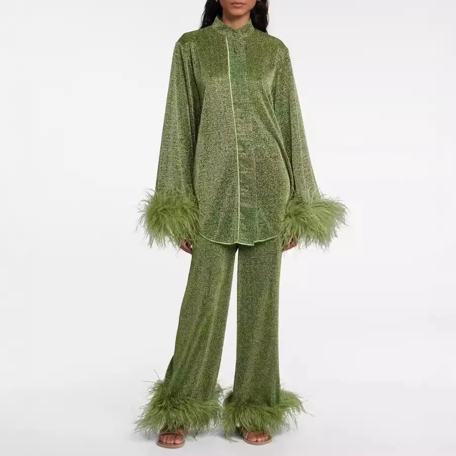 

Chic Pajamas for Women Long Sleeve Stand Up Collar Single Breasted Solid Color Slim Fit Shirt Wide Leg Pants for Women Sleepwear