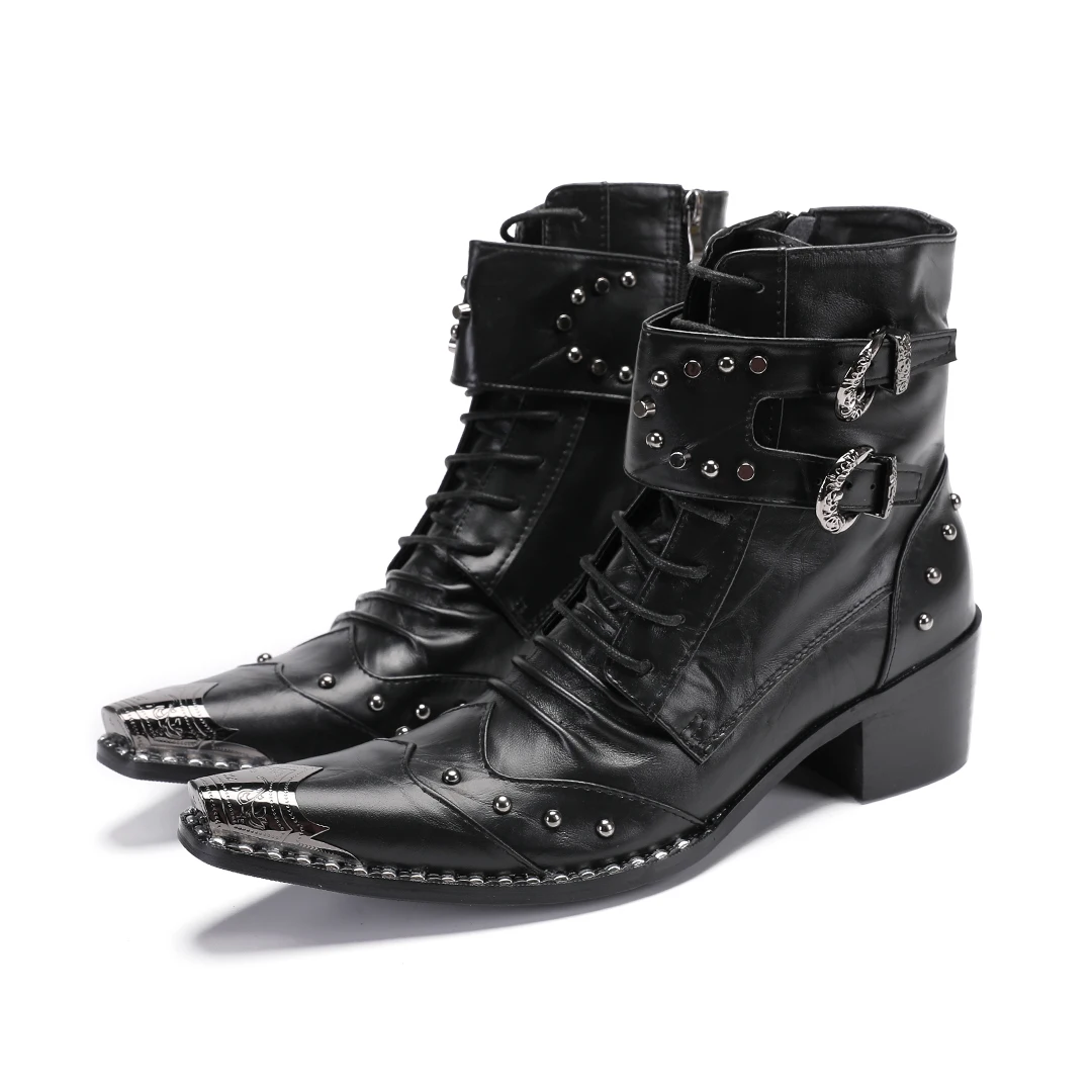 New Autumn Gothic Men Black Pointed Toe Stage Performance Genuine Leather Boot Male Punk Studs High Heel Shoes Rivet Formal Boot