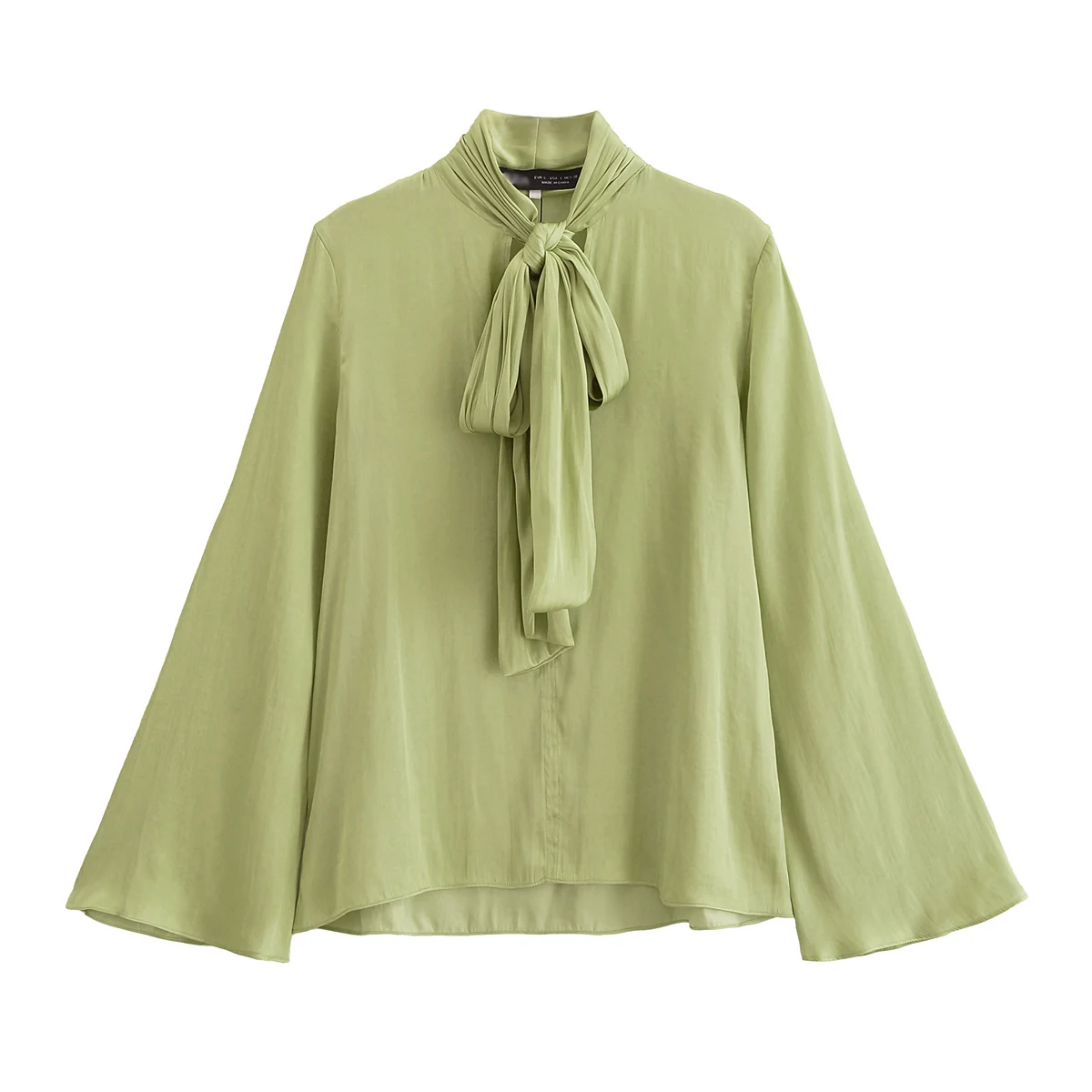 

Green Bow Lace Up Shirt Women Vintage Casual Loose Flare Long Sleeve Blouse Female 2025 New Summer Office Lady Elegant Chic Tops