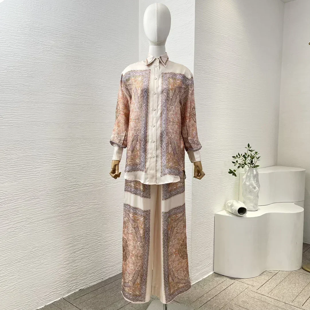 Paisley Twill Silk Re-tro Summer Autumn Women Latest New Full Sleeve Blouse and Wide-leg Pants Loose Holiday Set