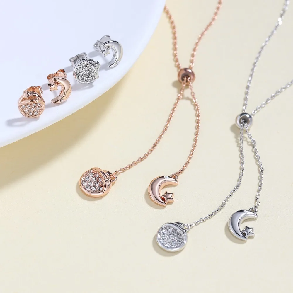 

Комплект ювелирных изделий с луной и звездой, украшенный кристаллами Сваровски, медь, двухцветный модный комплект ювелирных изделий, ожерелье, серьги