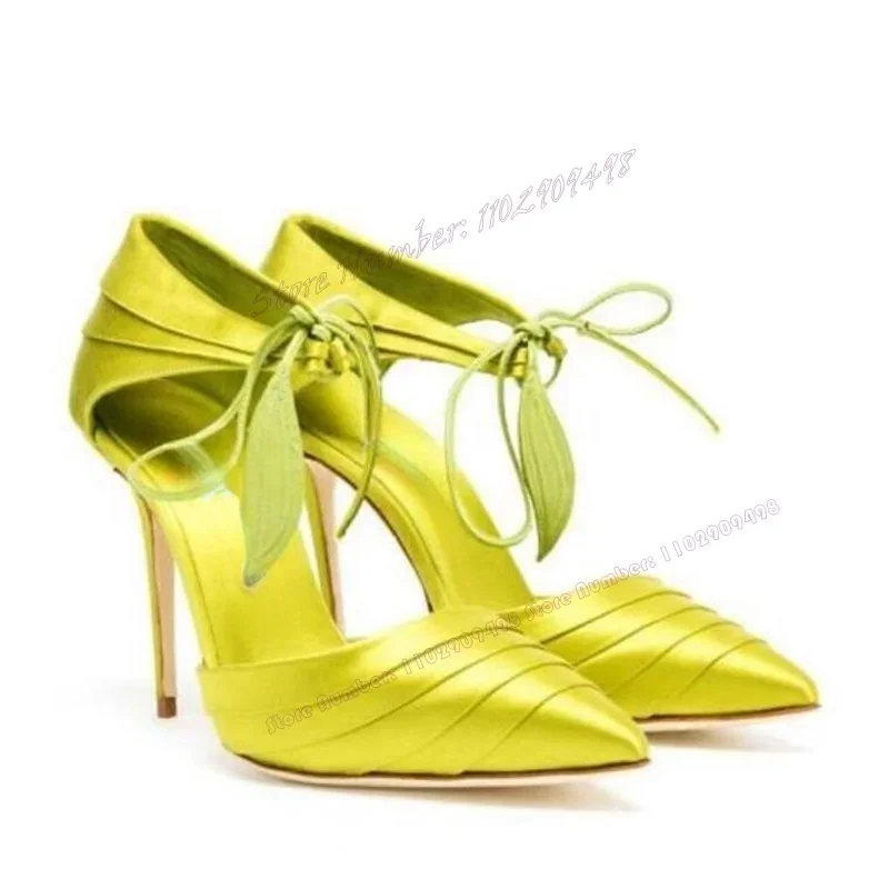 Green Satin Back Strap Pumps Cross Tied Pointed Toe Shoes for Women Cover Heel Thin High Heels Shoes 2023 Zapatos Para Mujere