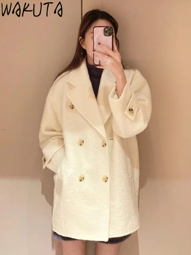 

Wakuta Sweet Turn-Down Collar Long Sleeve Coat Double Breasted Wool Blends Casual Jacket Japan New Elegant Moda Solid Outwears