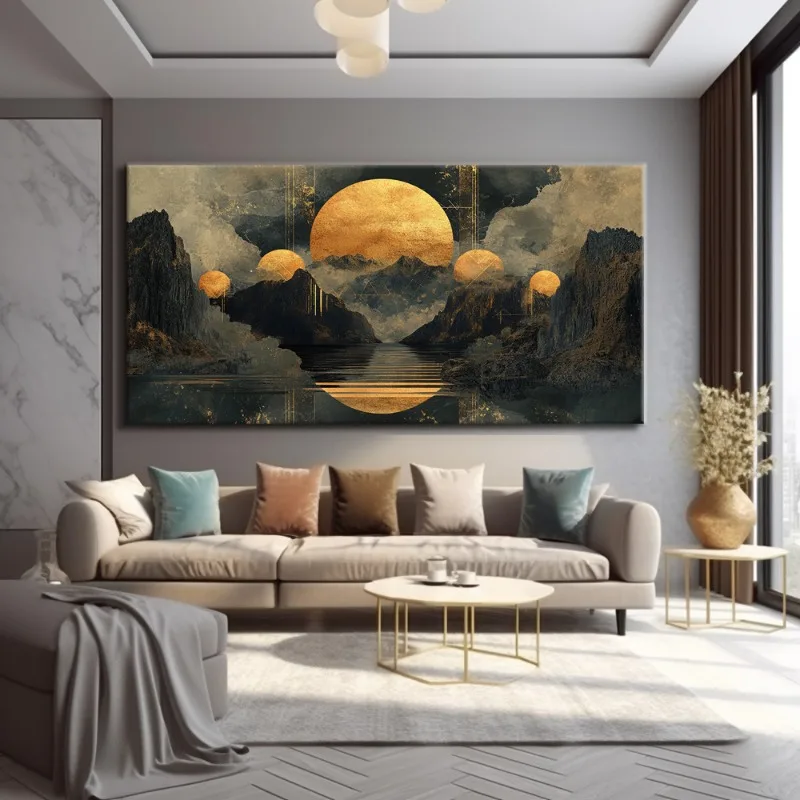 

Golden Moonscape Abstract Canvas Wall Art Frameless, High-Quality Print for Living Room, Bedroom, Office, Retro Wall Decor