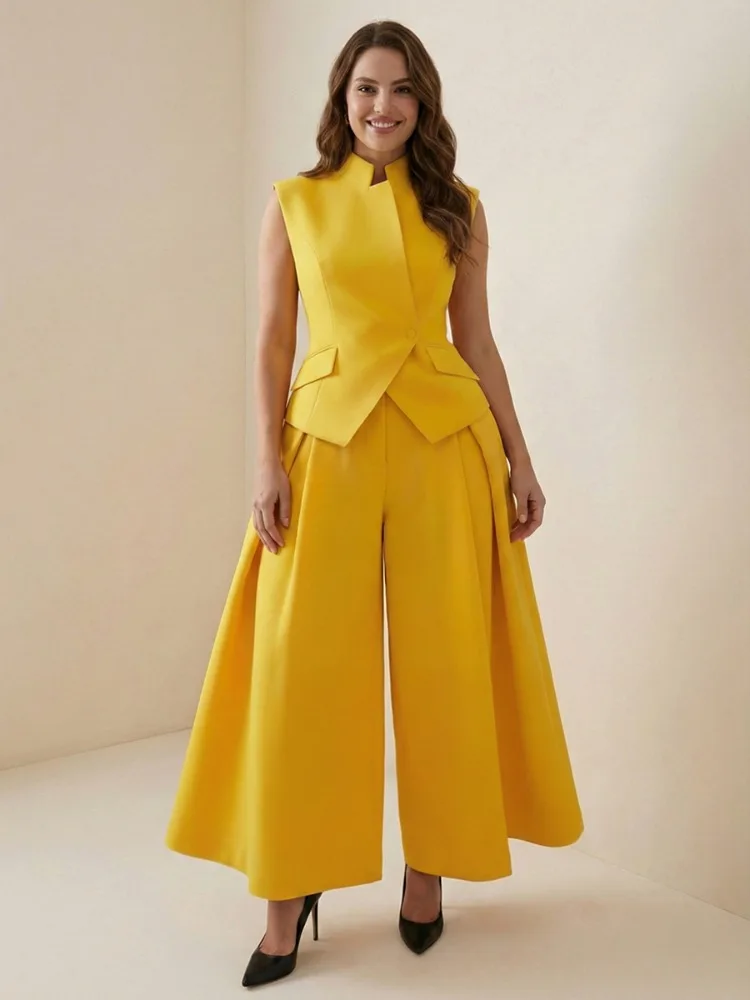Pantalon large plissé taille haute jaune pour femme Yeezzi 2026, couleur unie, décontracté, pour le bureau, avec fermeture éclair