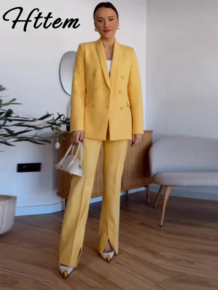 

Городской желтый пиджак, брюки, женский комплект, повседневное пальто с длинными рукавами и пуговицами, расклешенные широкие брюки, весна-осень 2024, женский костюм