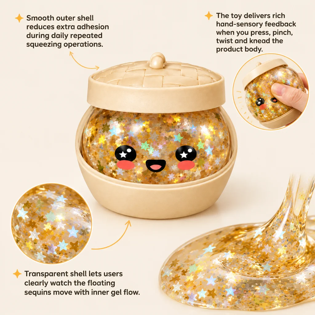 Glitter Dumpling Shape Squeeze Fidget Toy, Fun Play, Flowing Glitter, Slow Rebound, Compact & Portable, Desktop Decor Toy