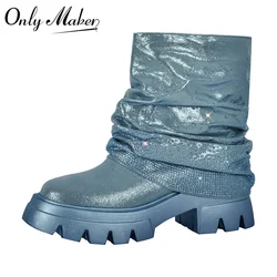 Onlymaker stivali da donna con rifiniture in strass blu con cerniera laterale con punta tonda stivali a metà polpaccio femminili