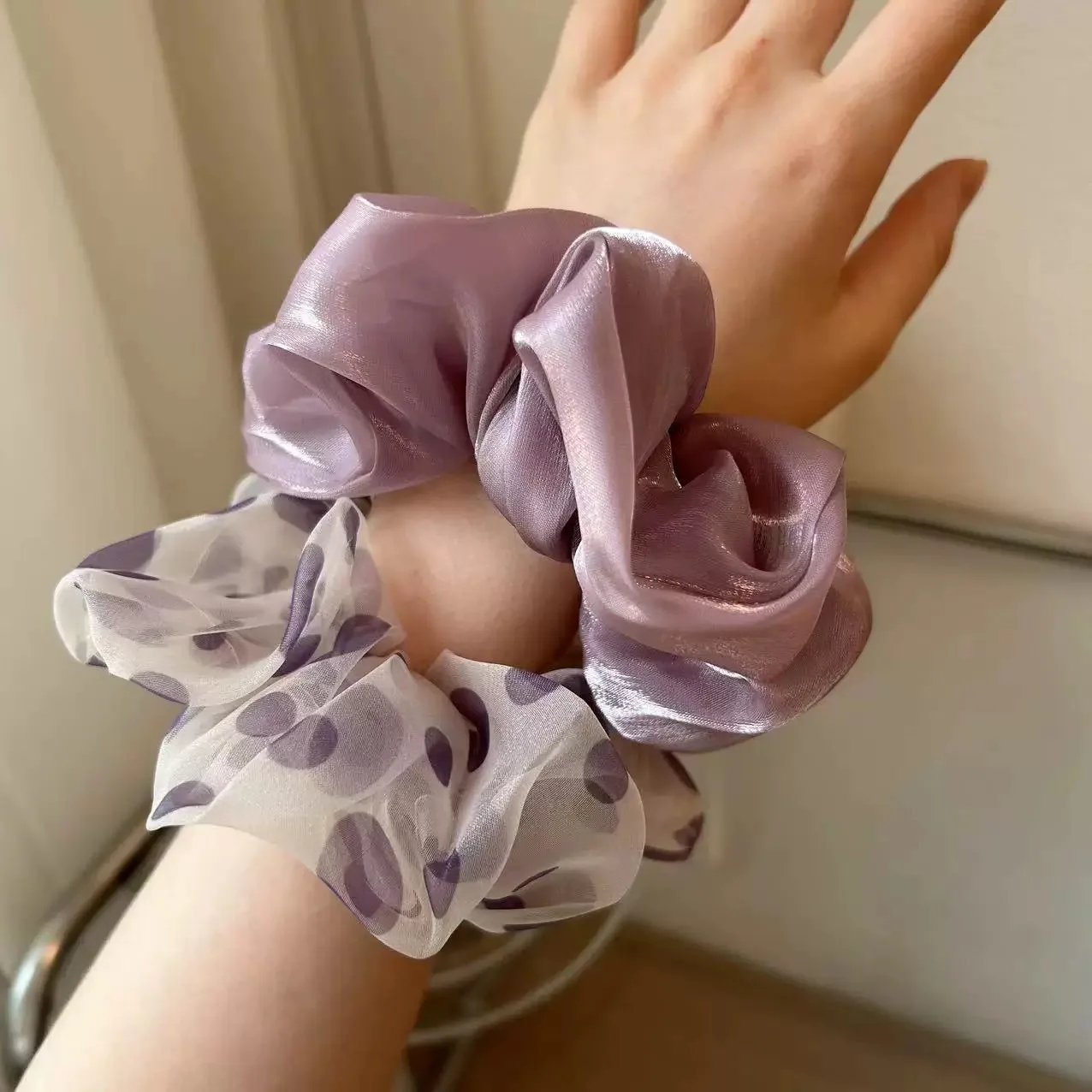 Summer Purple Polka Dot Mesh Satin Scrunchies Temperament Large Elastic Hair Bands Makeup Ponytail Holder Sweet Hair Tie Ropes
