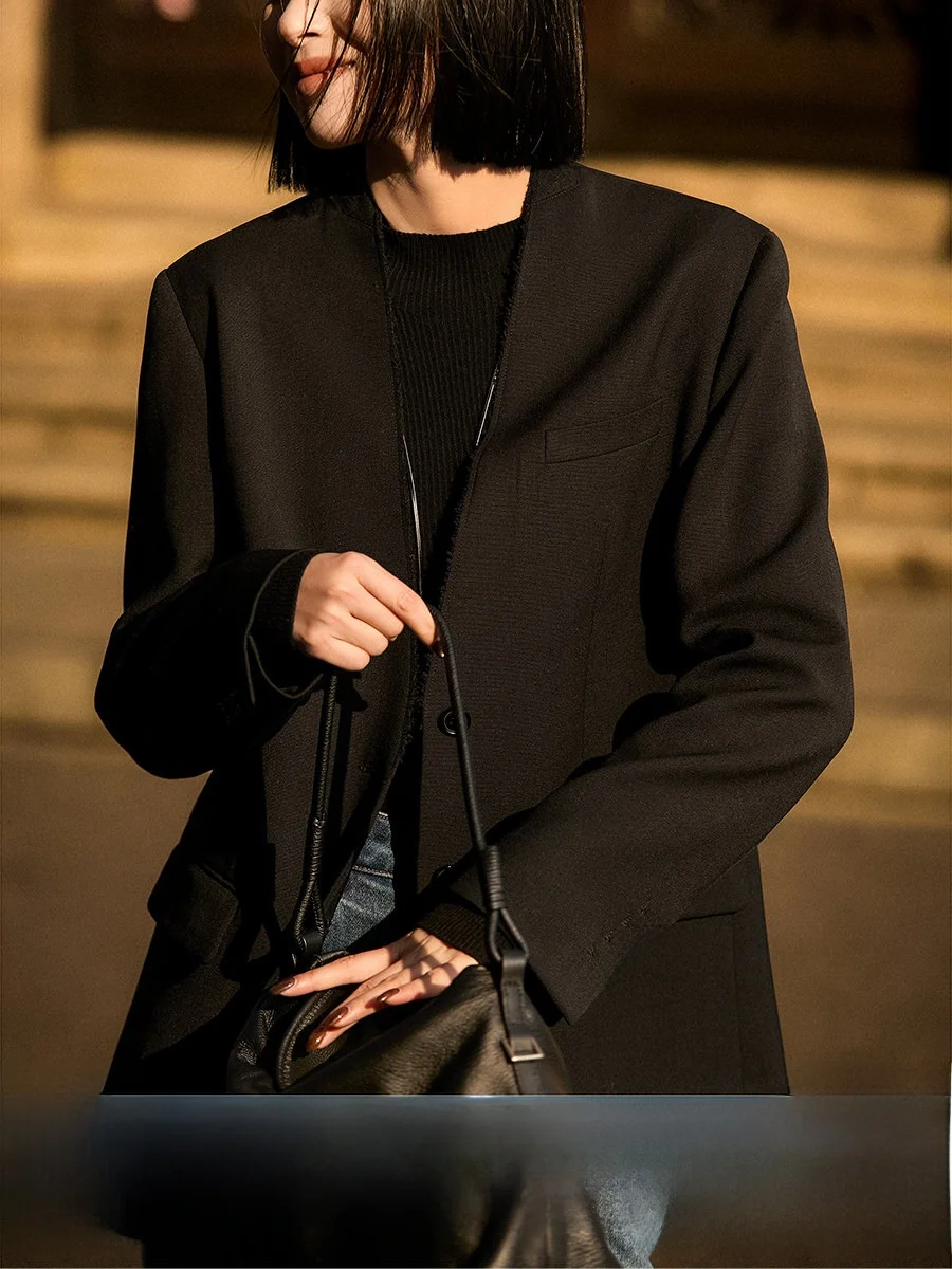 

Elegant Woolen Lapel-Free Suit by Xhange Commute Comfortable Style Warm Long Sleeve Single Button Closure Business Casual