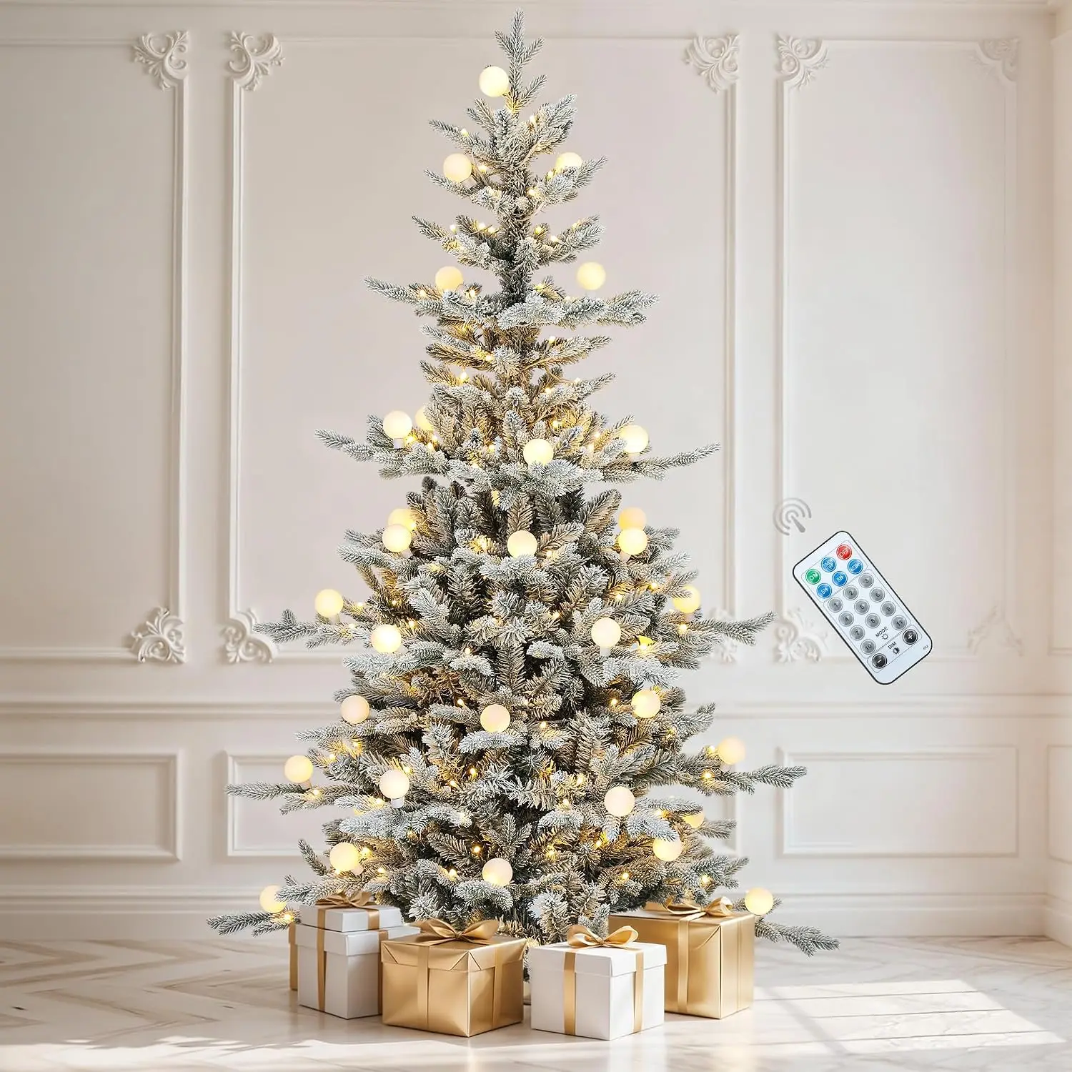 6ft Prelit Flocked Aspen Fir Christmas Tree with Bulbs and Lights, Full Artificial Xmas Tree with 1336 Metal Hinged PE & PVC Fla