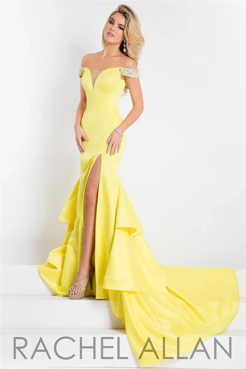 Rachel Allan Meerjungfrau-Abschlussballkleider, schulterfreier Ausschnitt, geteilte Abendkleider, volle Länge, Perlen, hellgelbe Ballkleider