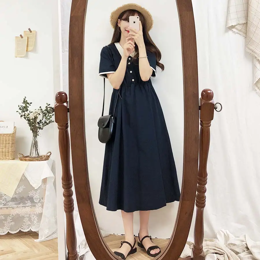 Temperament Lady Dresses Woman Basic Wear Slim Waist Patchwork Navy Blue Cute Girls Sweet Vintage Dres Cotton 8201