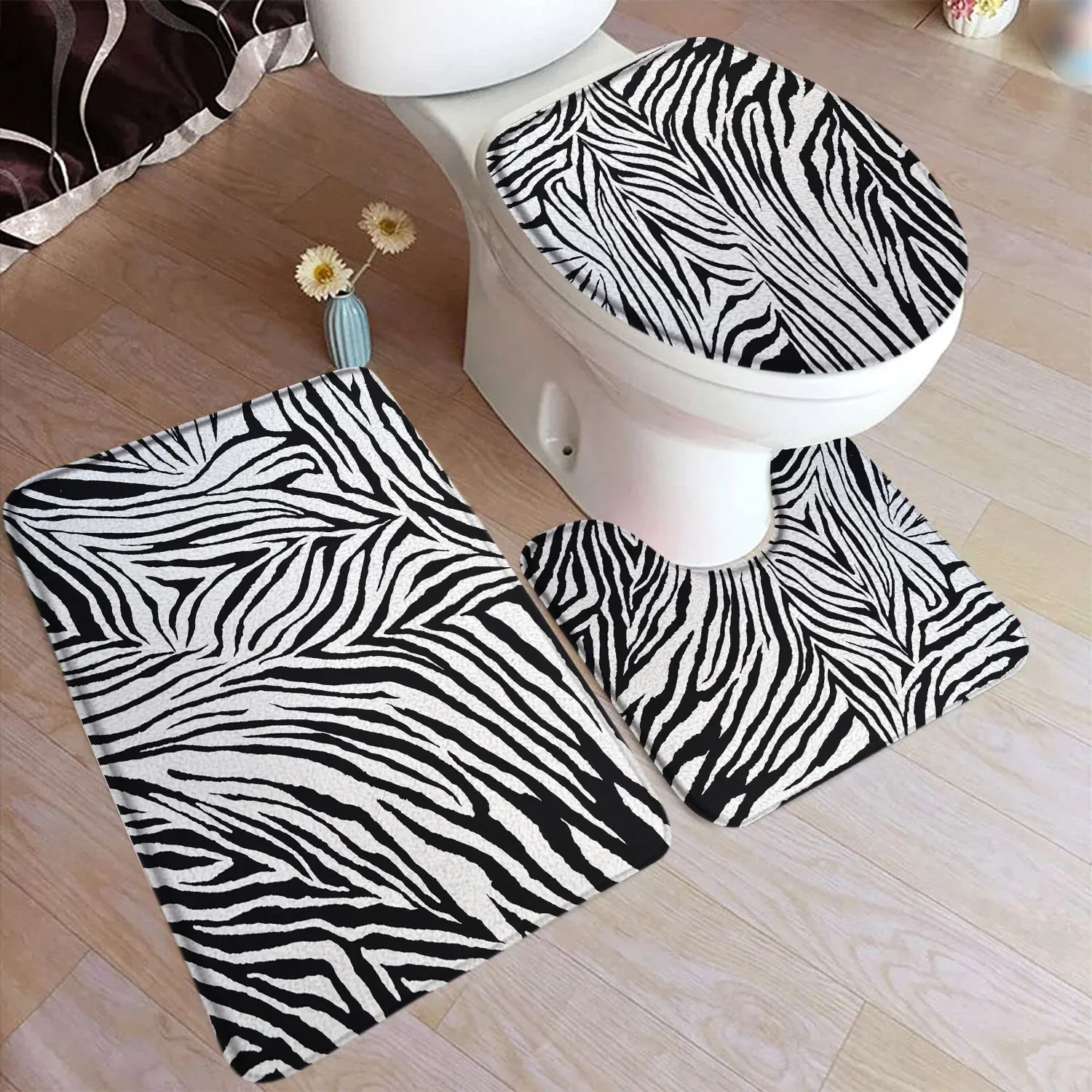 Black and White Leopard Print Bath Mat Set Zebra Animal Fur Texture Fashion Home Bathroom Decor Floor Rug U-Mat Toilet Lid Cover