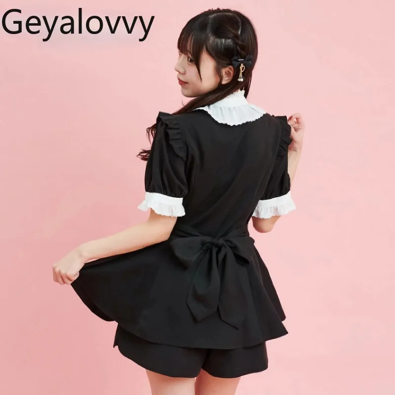 

Lolita Mine Japanese Summer New High Waist Slim-fitting Short-sleeved Top and Shorts Sweet Cute Girls SC Two Piece Set