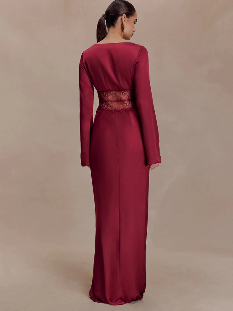 Sibybo – robe Maxi en Satin et dentelle pour femmes, décolleté en V profond, Patchwork, Sexy, manches longues, transparente, moulante, tenue de mariage, robes de soirée élégantes