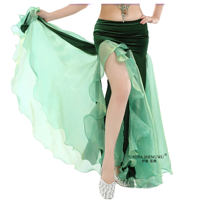 Traje de danza del vientre para mujeres adultas, falda de terciopelo con borde ondulado y abertura larga, falda de danza Oriental puesta en escena, ropa de danza del vientre