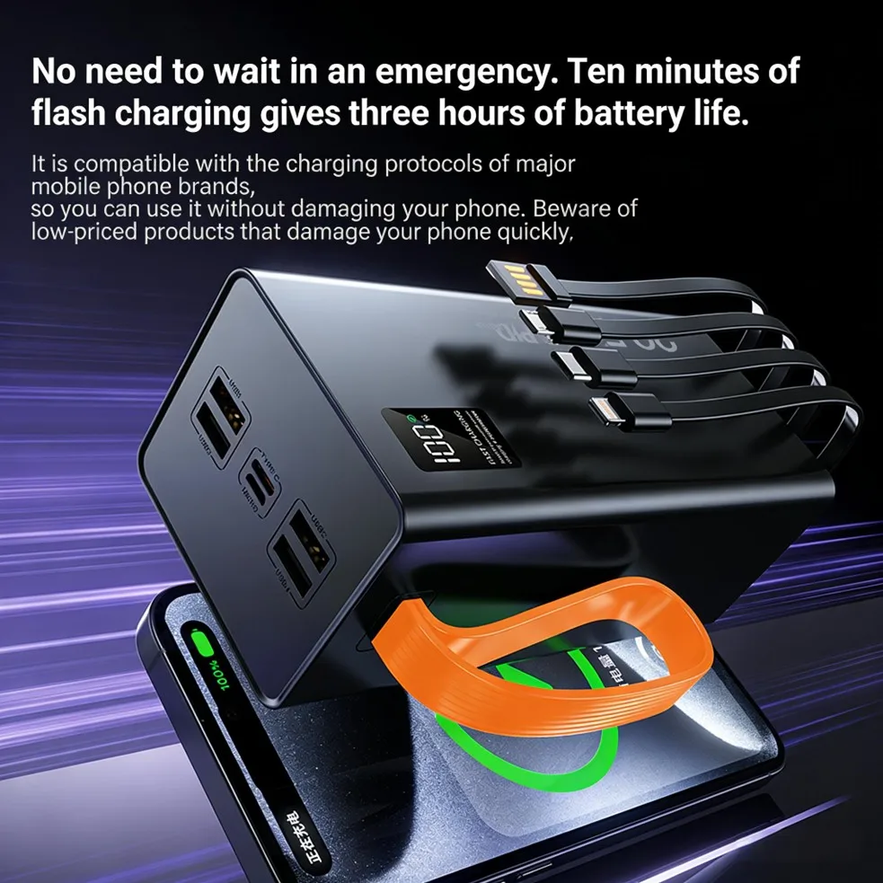 50000mAh 22.5W Power Bank with Built-in 4 Cables,Portable Power Bank with Digital Display,Multi-Device Compatible,LED Flashlight