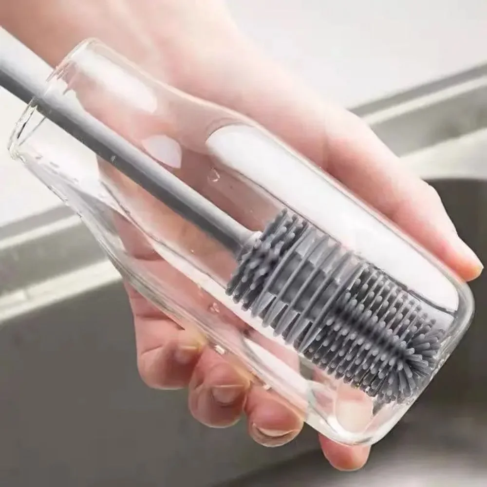 Long Handle Silicone Bottle Brush 360° Head Non-Scratch Bottle Cleaning Tool Non-Toxic Heat-Resistant Glass Cup Cleaner Travel