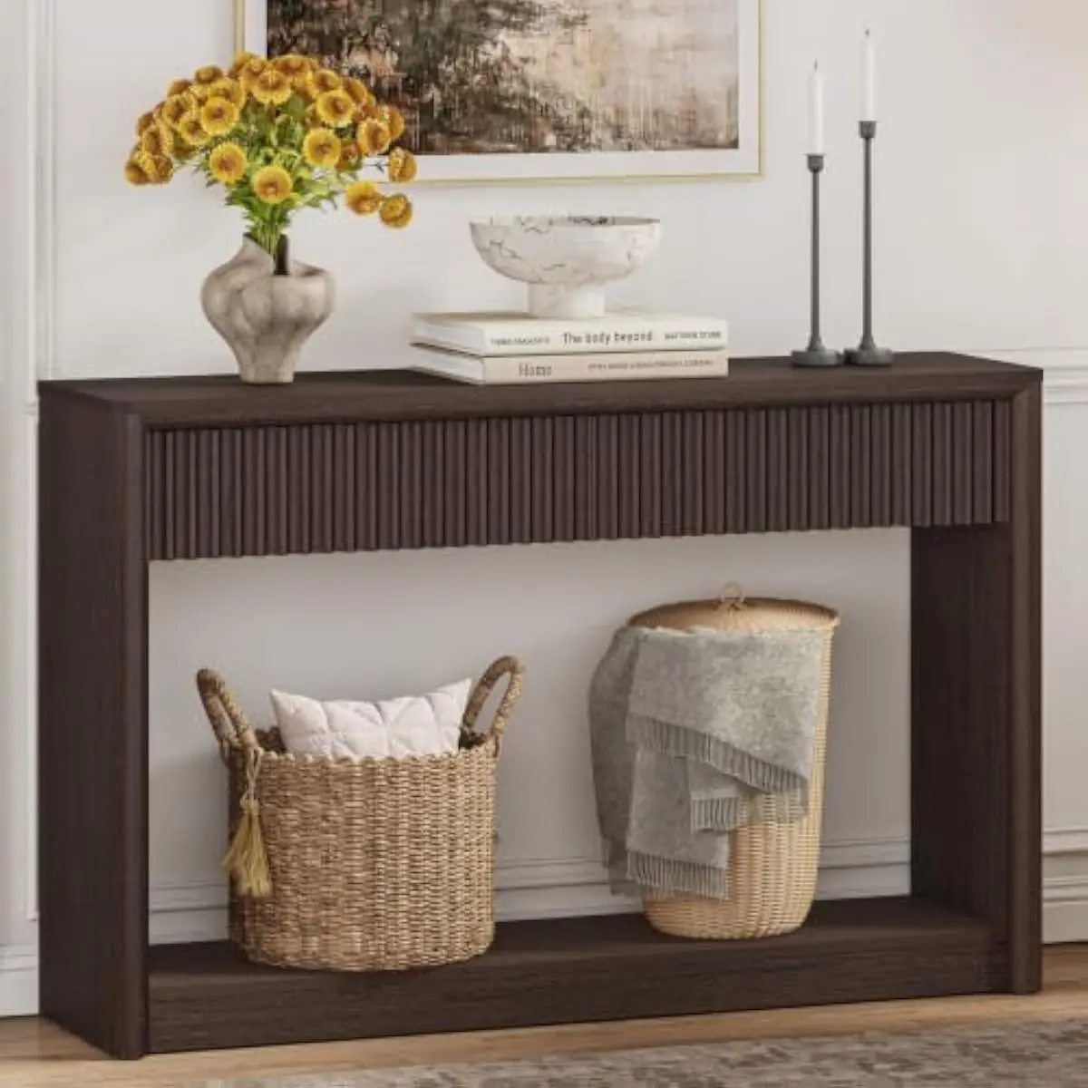Entryway console table with two waveform drawers and open lower shelf, walnut brown engineered wood, 47.2 inches wide, 12.6 inch