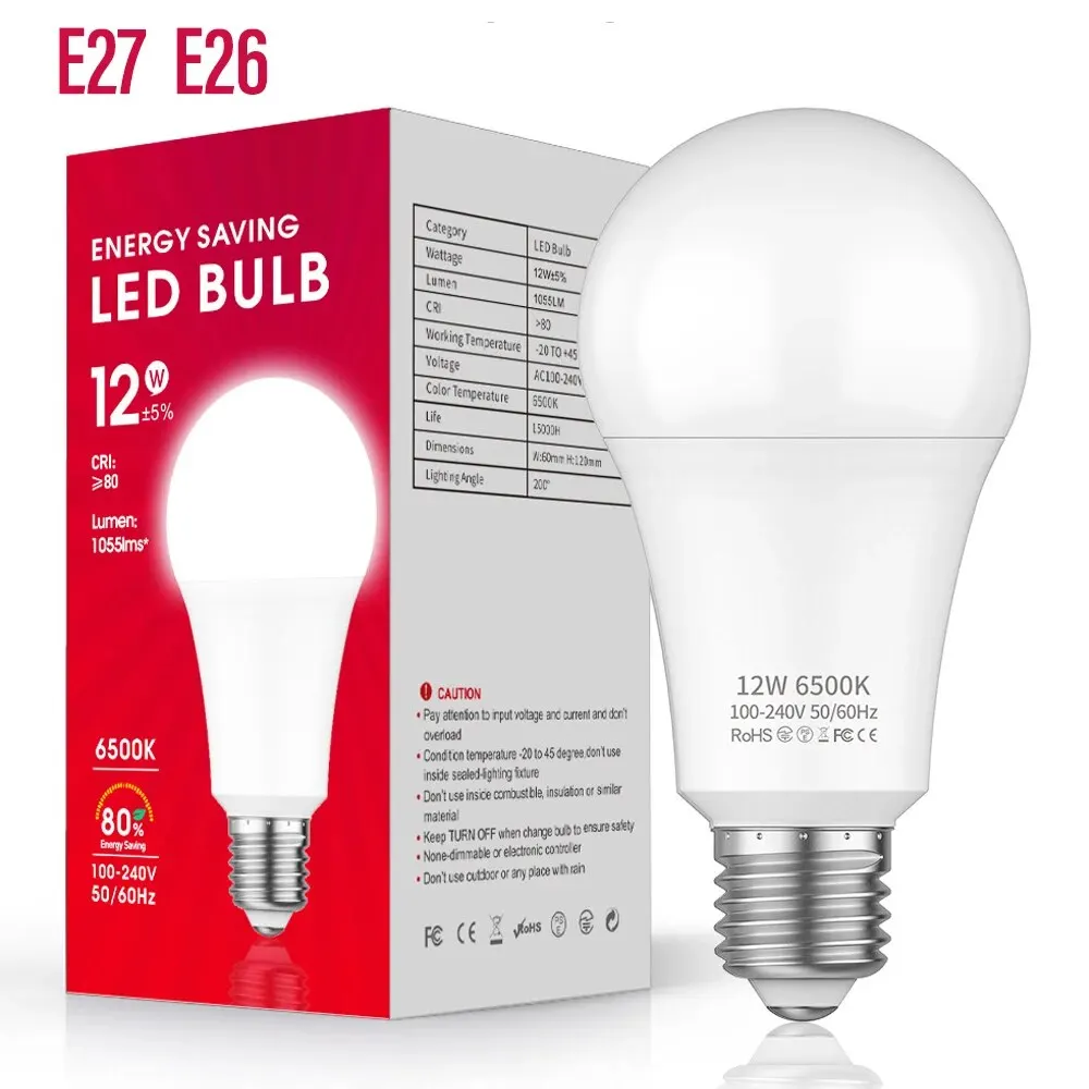 A19 LED Light Bulb, E27/E26 Base, 6500K, Home Lighting Energy Saving Eye Protecting Light Bulb for Bedroom, Living Room, Home