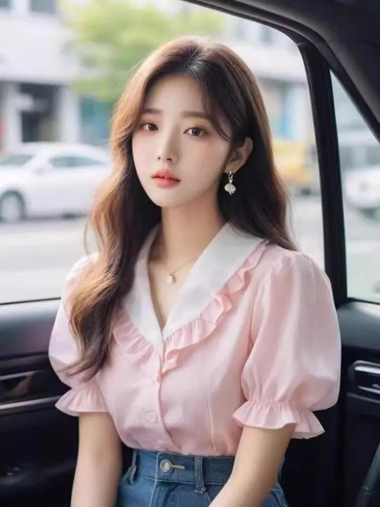 

Французская уникальная блузка с розовым воротником и рюшами, шифоновая летняя новинка с короткими рукавами