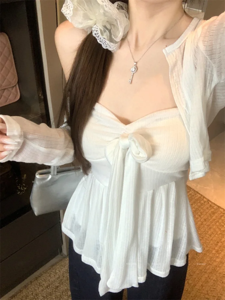 Sweet And Spicy Girl Bow Tie V-ne Strap Vest Women's Summer 2025 New Outwear White Faion Versatile Top