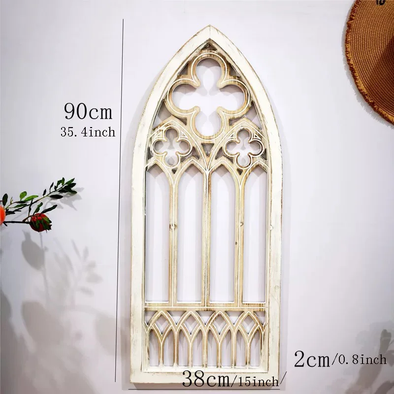 Gothic Cathedral Window Wall Decor, Vintage Wood Frame, 35.4 x 15 inches, Antique White