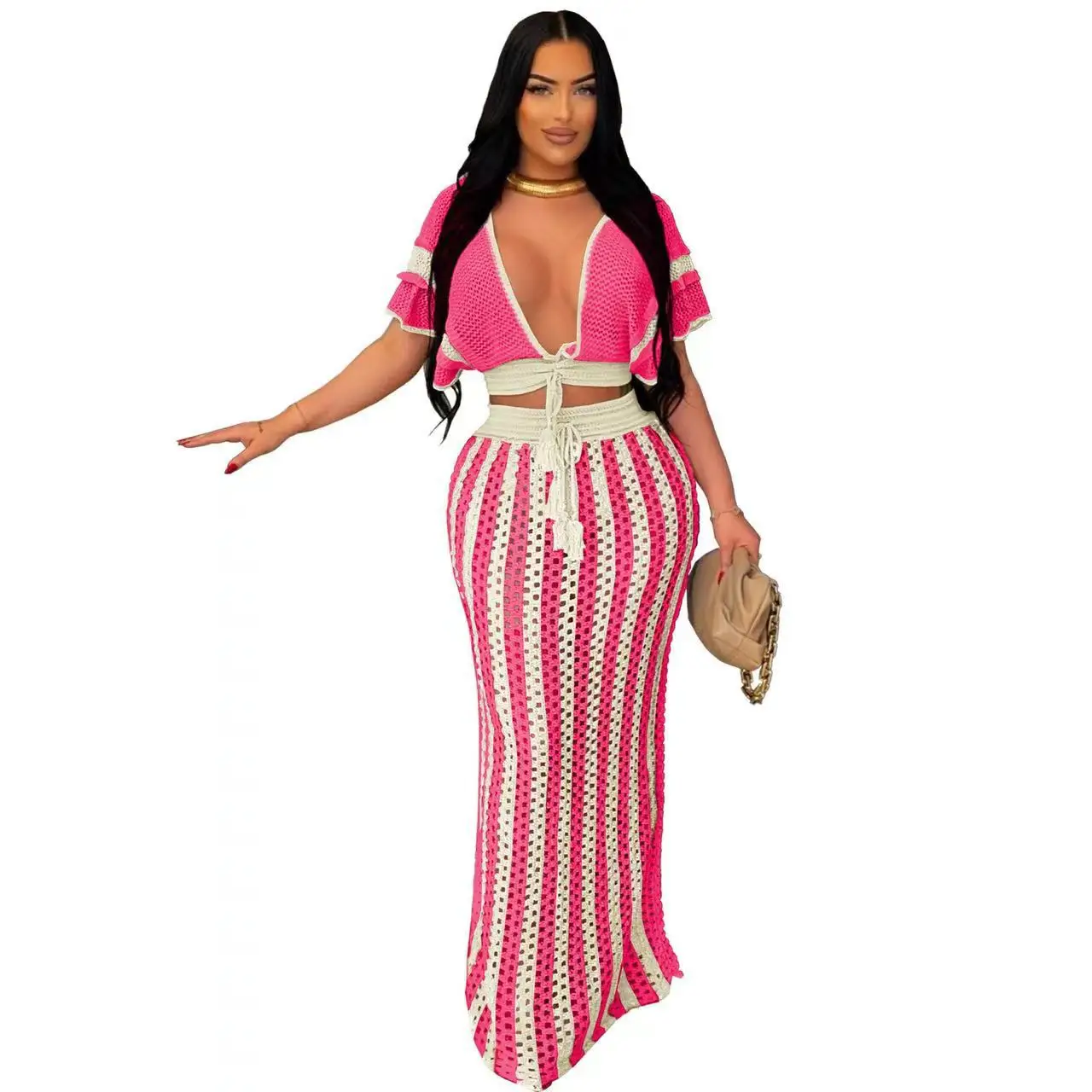 

2 Piece African Clothes for Women Autumn Fashion Africa Short Sleeve V-neck Top Long Skirt Matching Sets Dashiki Africa Clothing