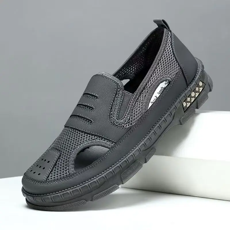 

Men's Summer New Baotou Hollow Out Mesh Sandals Soft Sole Non Slip Shallow Slip On Outdoor Beach Sandal Flat Sole Cave Sandal