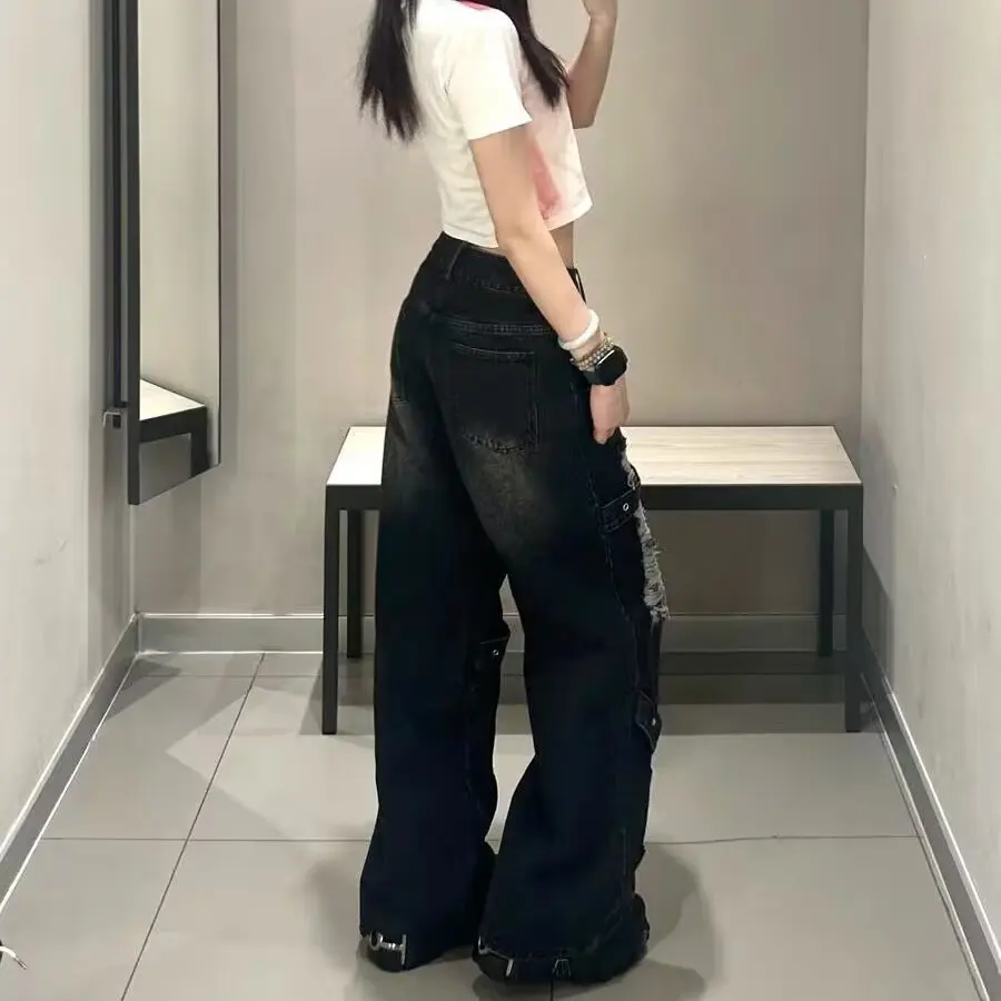 Black Ripped Wide-Leg Denim Pants for Women Fall 2025 New Arrival High-Waisted Slimming Loose Floor-Length Jeans