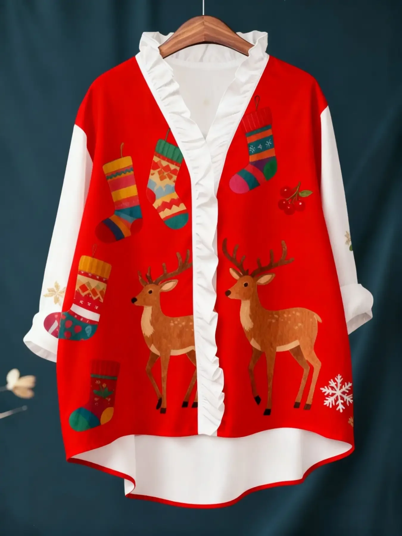 New women's Christmas digital printed long sleeved shirt ,Lotus leaf edge full body abstract color blocked shirt jacket