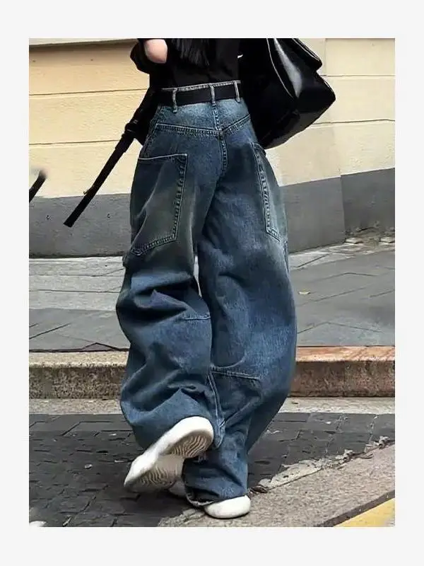 

Женские джинсы с высокой талией, свободные, широкие штанины, осенне-зимние, новые, винтажный дизайн, рабочие брюки