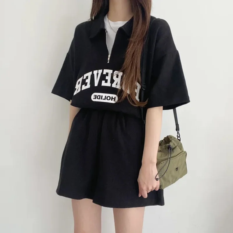 Female 2 Piece Set Women Outfit 2024 Oversized Loose Letter Blouses Shorts Sets Casual Korean Suits Y2k Womens Summer Short Sets