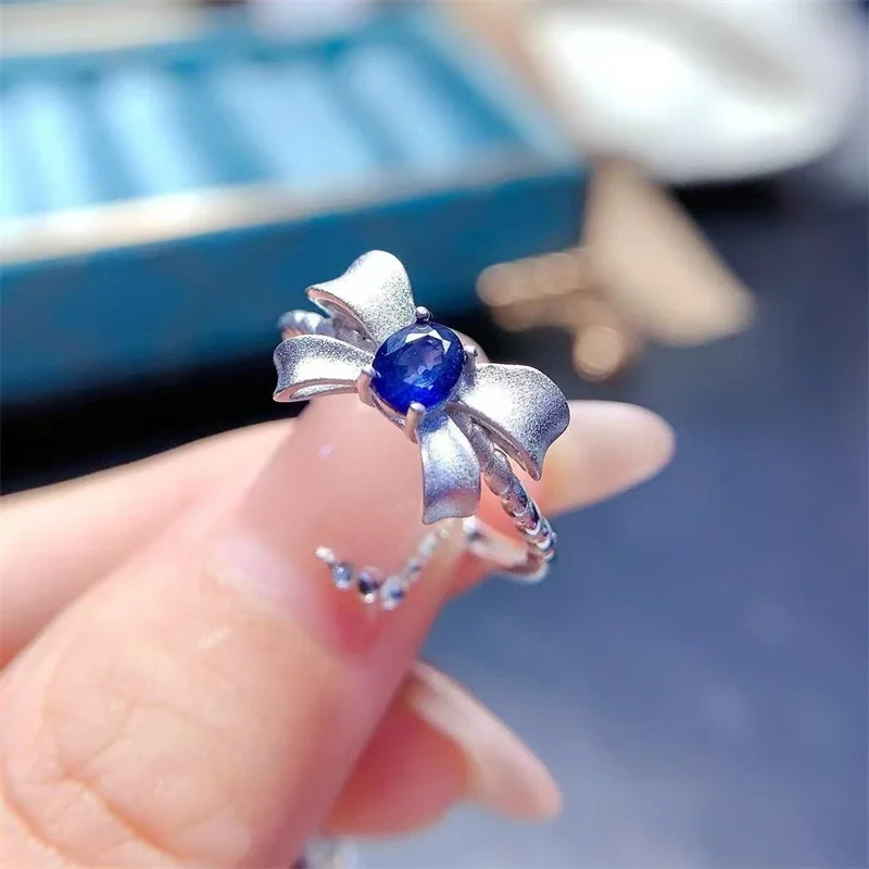 

Real 925 Sterling Silver Natural Blue Sapphire Wedding Ring for Women Butterfly Shape Christmas Gif with Certificate