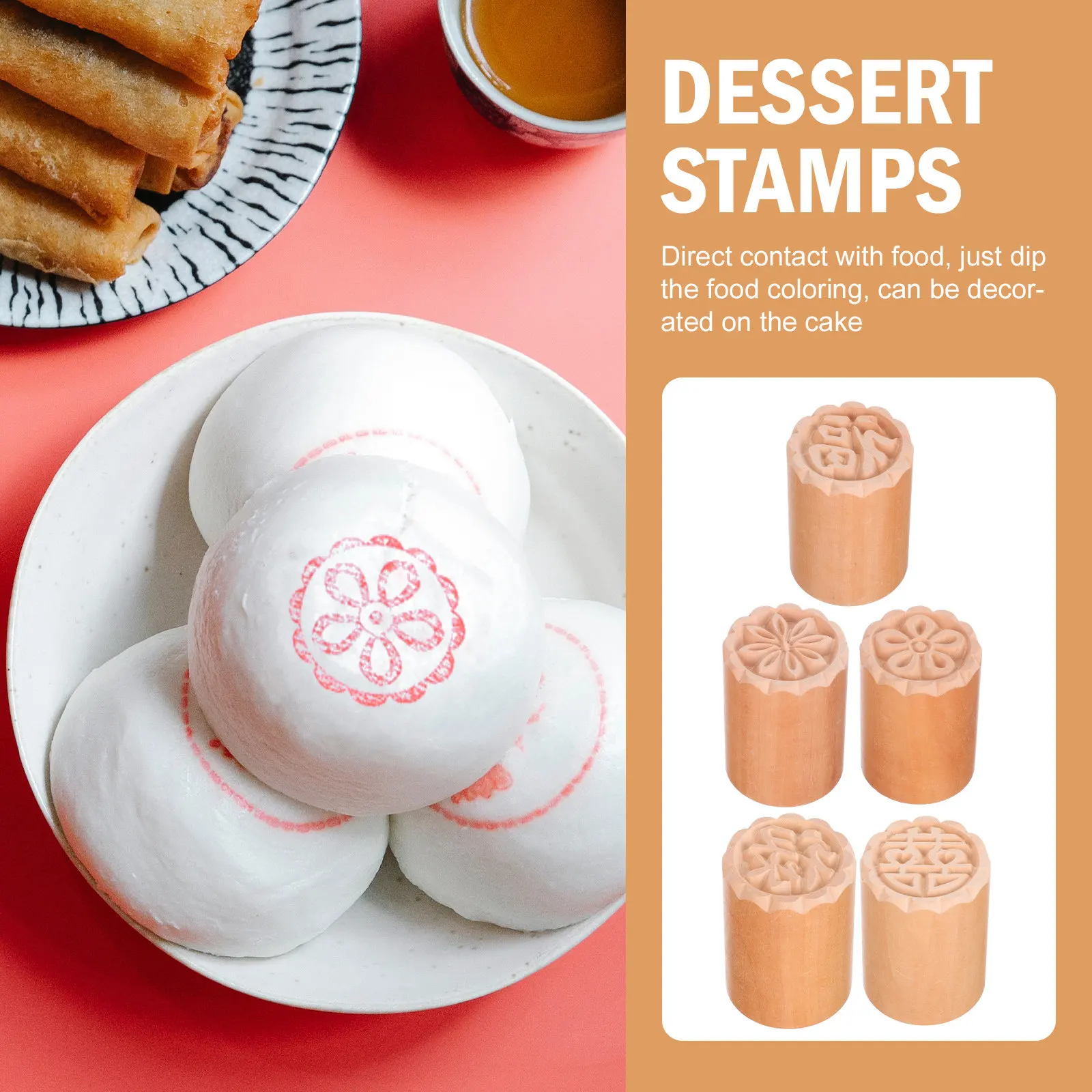5Pcs Cake Printing Stamps Decorative Wooden Dessert Molds DIY Baking Stamp Tools for Cake Candy Bread Jelly Chocolate view 4