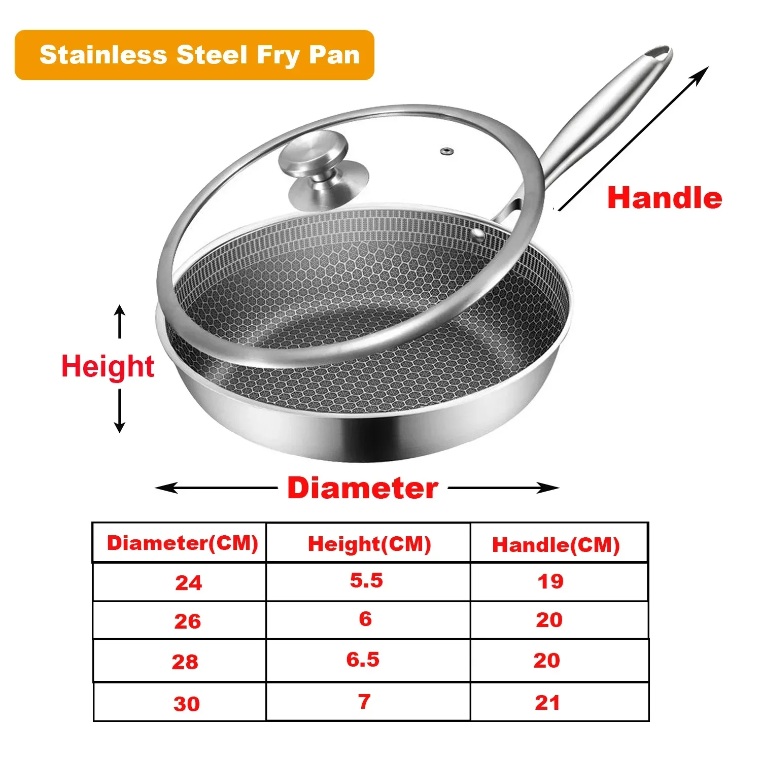 Frying Pans with Glass Lid 316 Stainless Steel Skillet Honeycomb Wok Pan