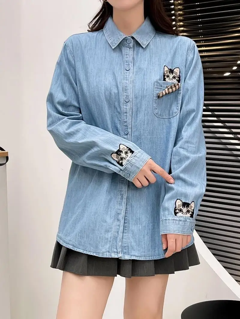 Harajuku y2k Denim Shirts Women Autumn Tops Korean Fashion Long Sleeve Animal Cats Embroidery Denim Blouses Designer Jean Shirt