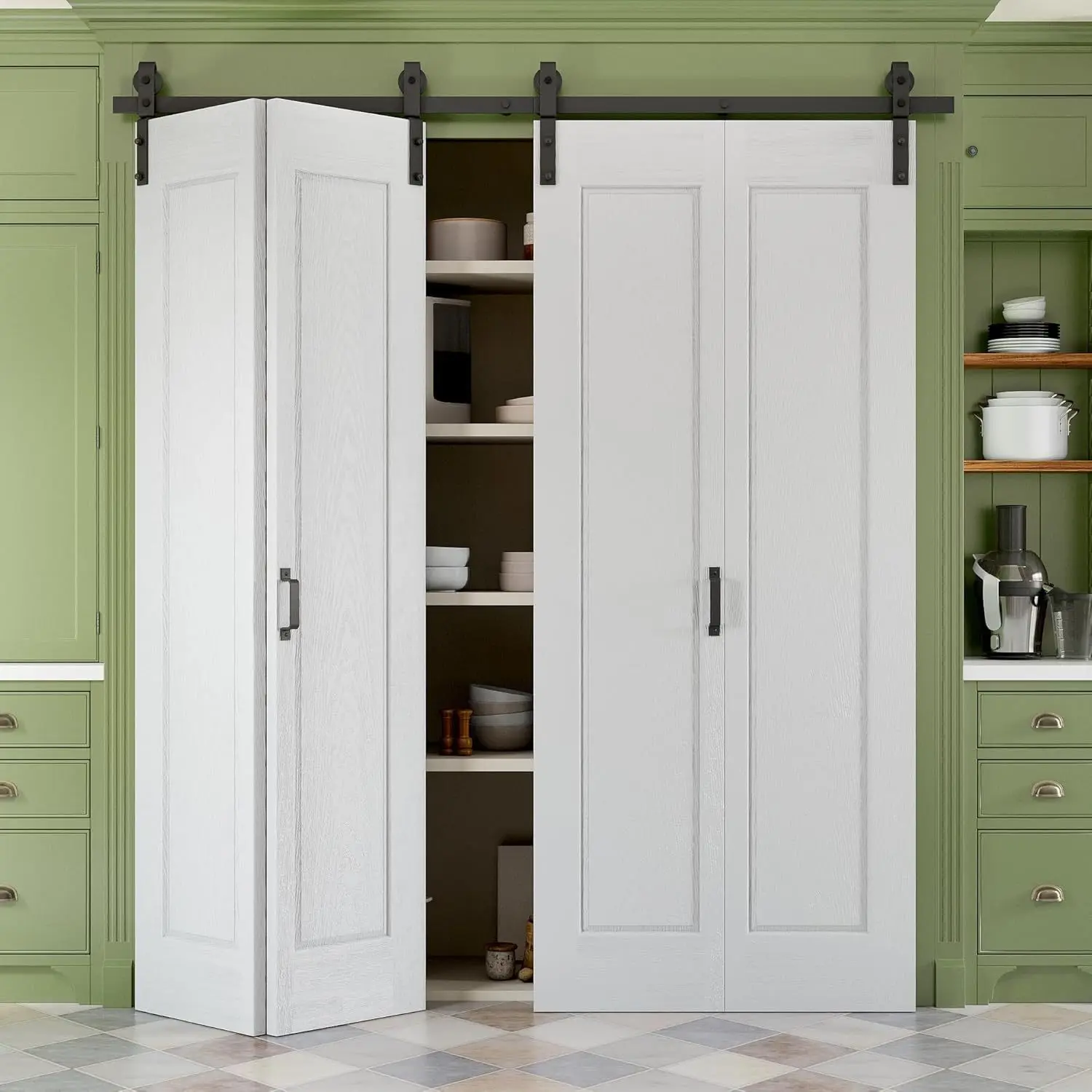 

Bi-fold barn door to be assembled, 6-piece bi-fold sliding closet door with hardware track kit handle