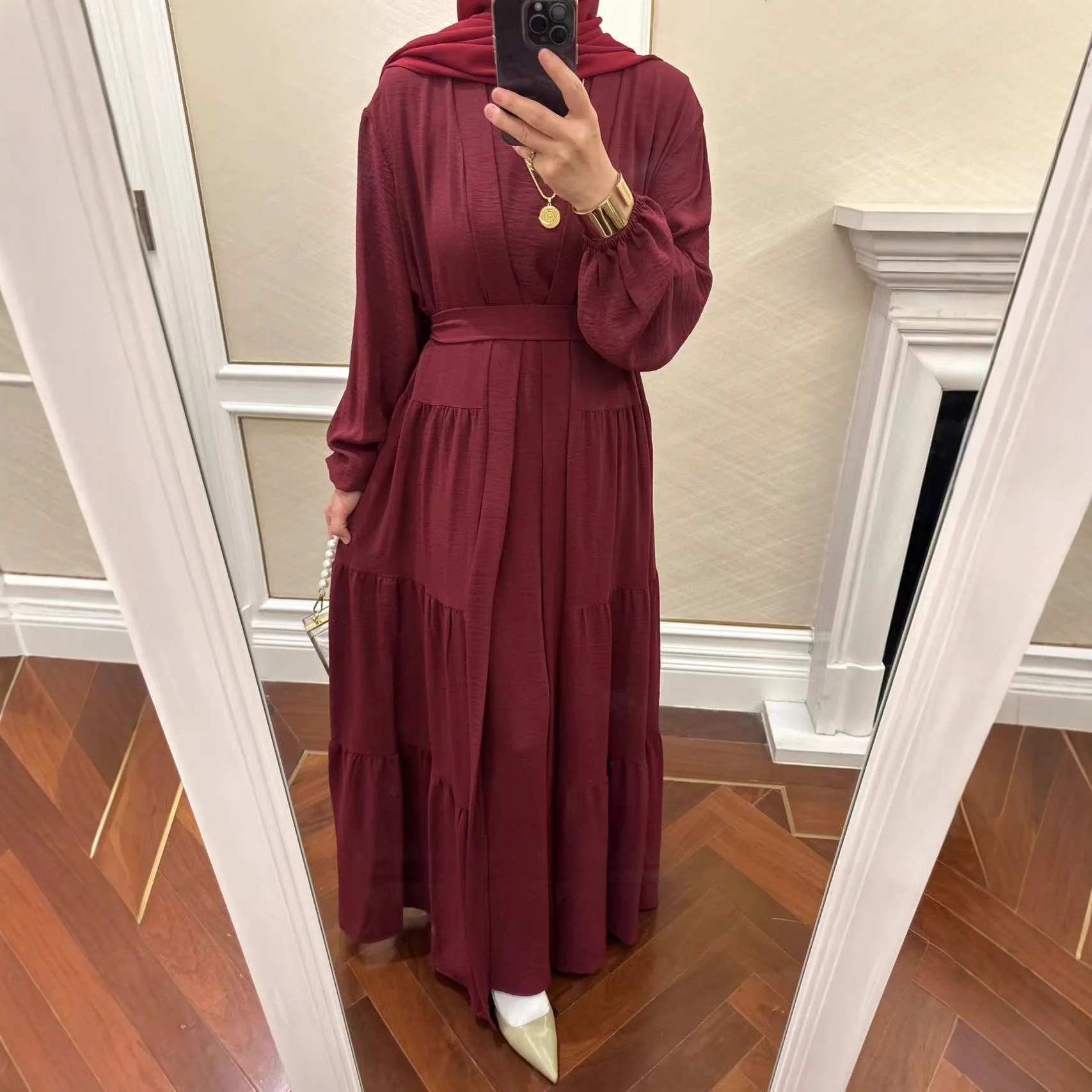 

Мусульманский модный женский комплект из двух предметов: однотонный элегантный повседневный стиль, трендовый, простой, базовый — кардиган с длинным рукавом и платье без рукавов.