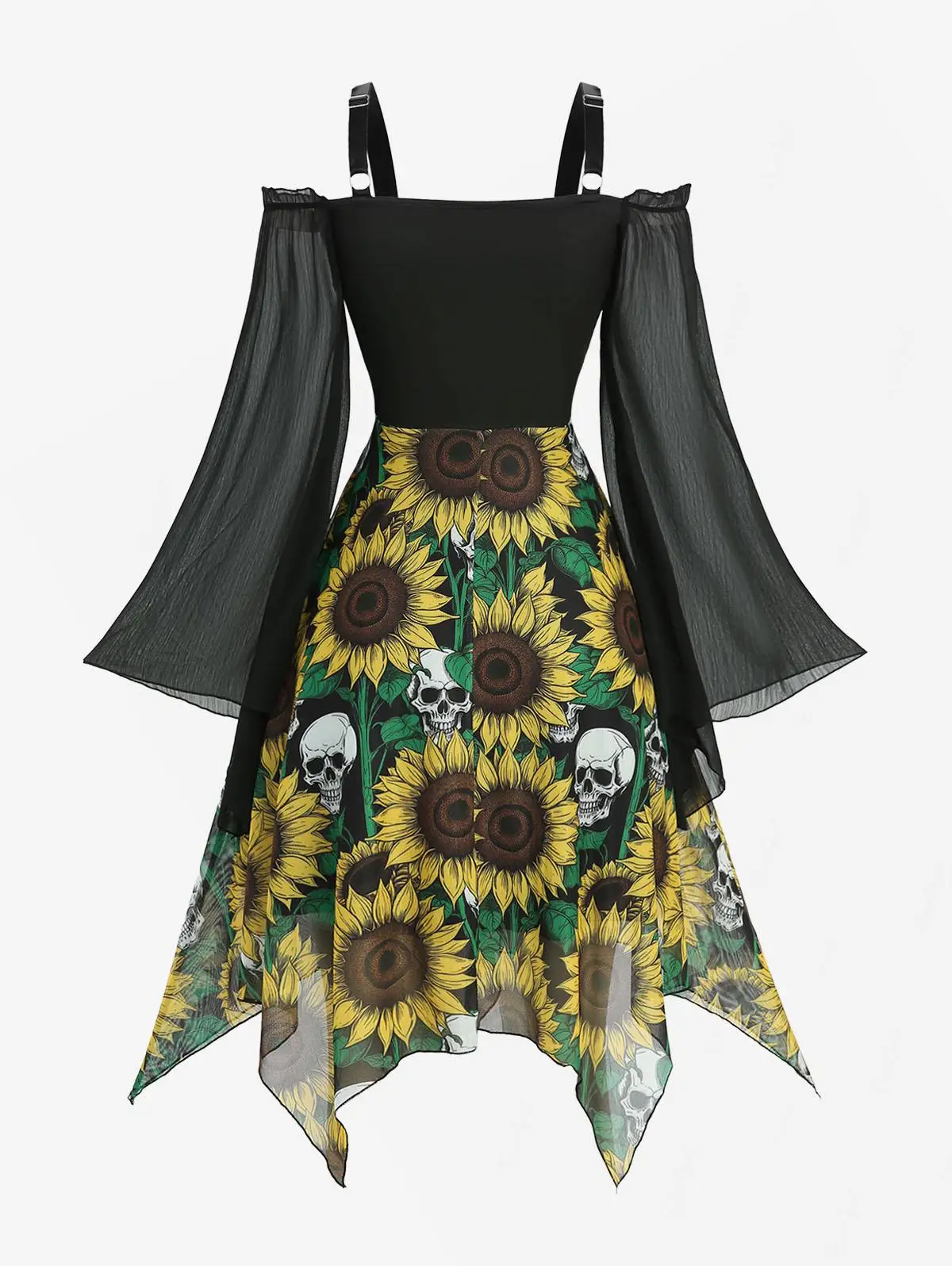 Robes pour femmes tournesols crânes imprimé à lacets volants épaule froide manches évasées transparentes robe débardeur asymétrique