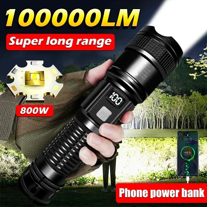 Strong Power LED Flashlights 10000 Lumens Tactical Torch with Display Light USB Charging Camping Fishing Emergency Zoom Lantern