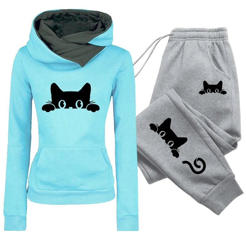 Herbst Winter Damen Alltags-Sportoutfit Damen-Set/Hoodie/Hose 2026 Katzen-Print Trainingsanzug Kapuzenpullover Jogginghose – Detail 4